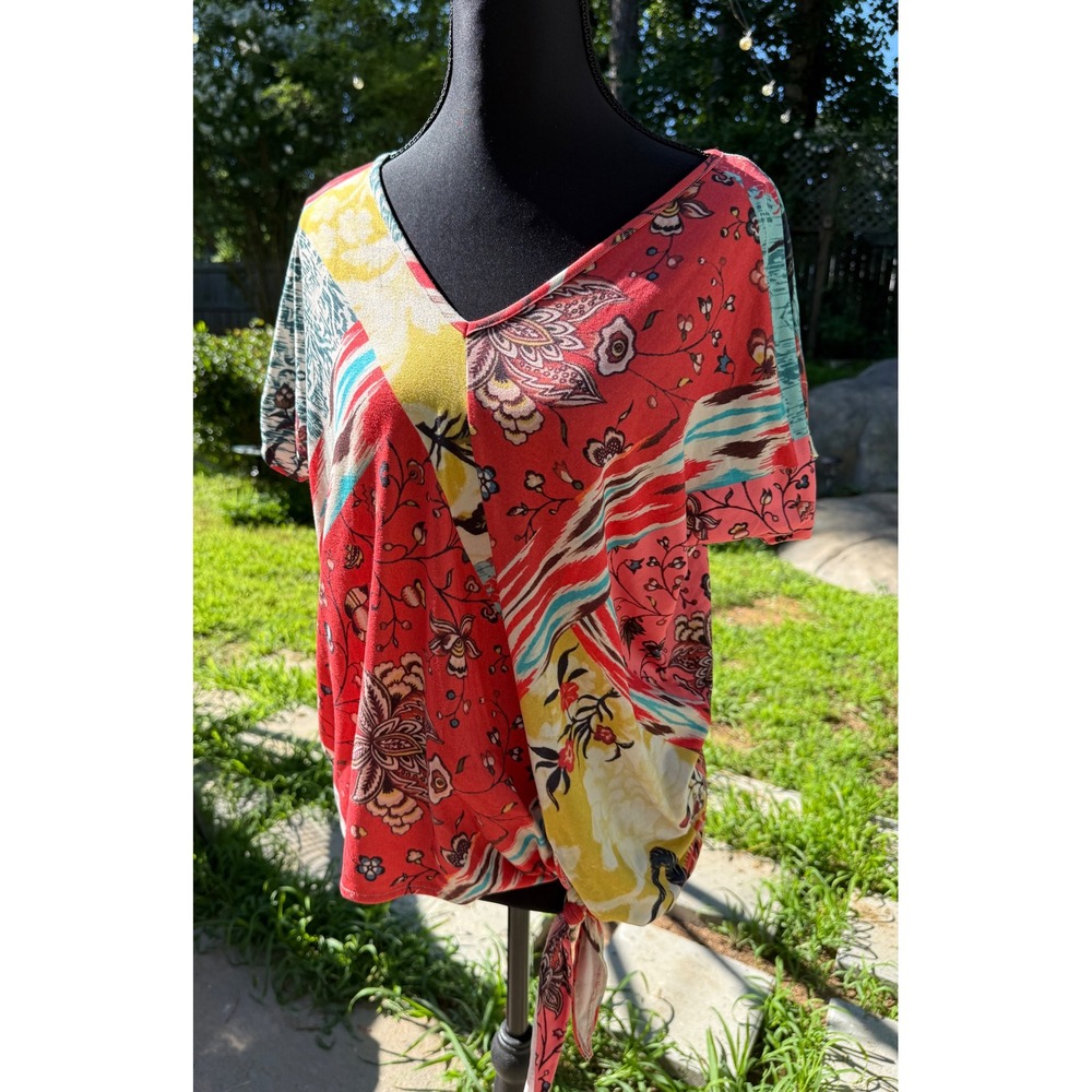 Aldomartins Anthropologie‎ Mixed Patchwork Floral Side Tie V-Neck Top XS Spain